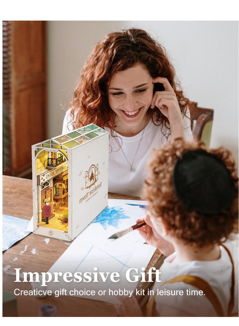 DIY Book Nook Kit, 3D Wooden Puzzle, DIY Dollhouse Bookend Diorama Kit, Dollhouse Bookshelf Insert Diorama Decor with LED, Crafts Hobbies Gifts for Adults/Teens (Sunshine Town)