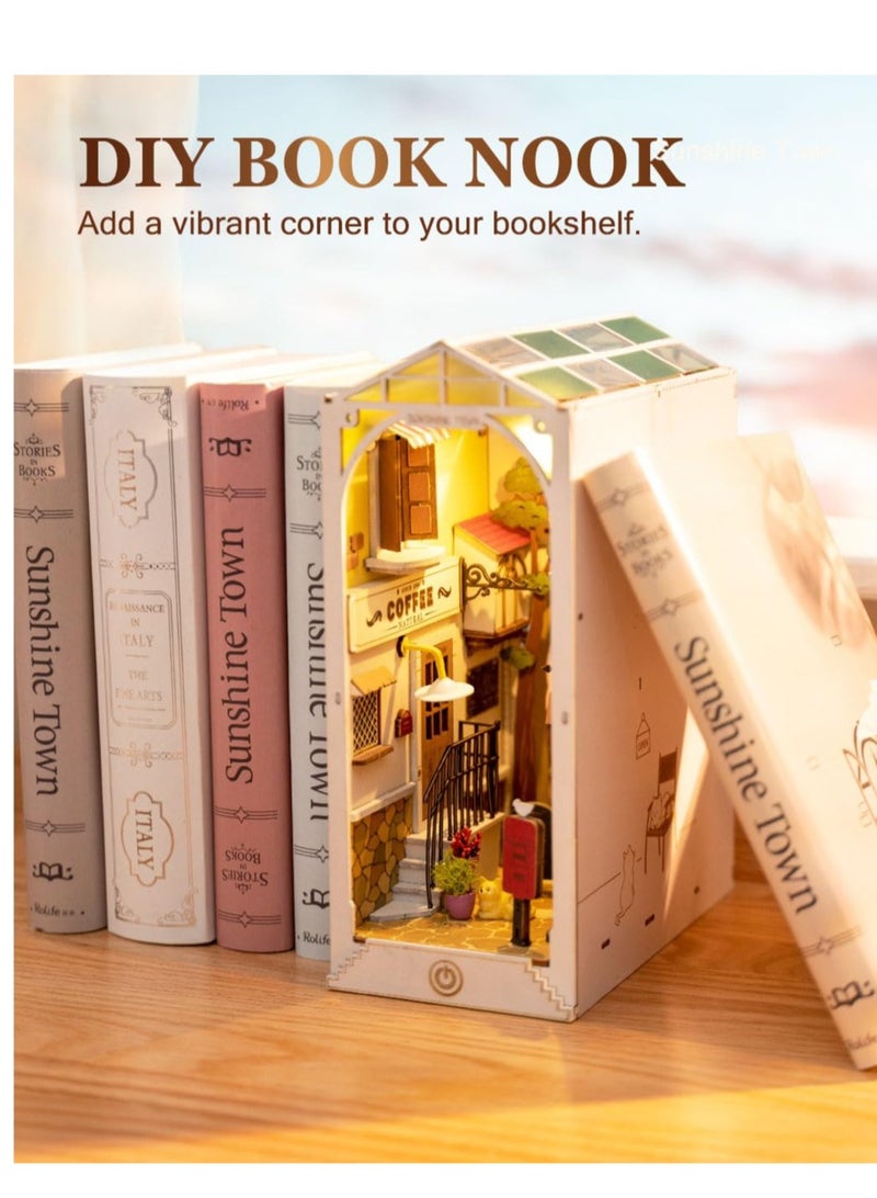 DIY Book Nook Kit, 3D Wooden Puzzle, DIY Dollhouse Bookend Diorama Kit, Dollhouse Bookshelf Insert Diorama Decor with LED, Crafts Hobbies Gifts for Adults/Teens (Sunshine Town)
