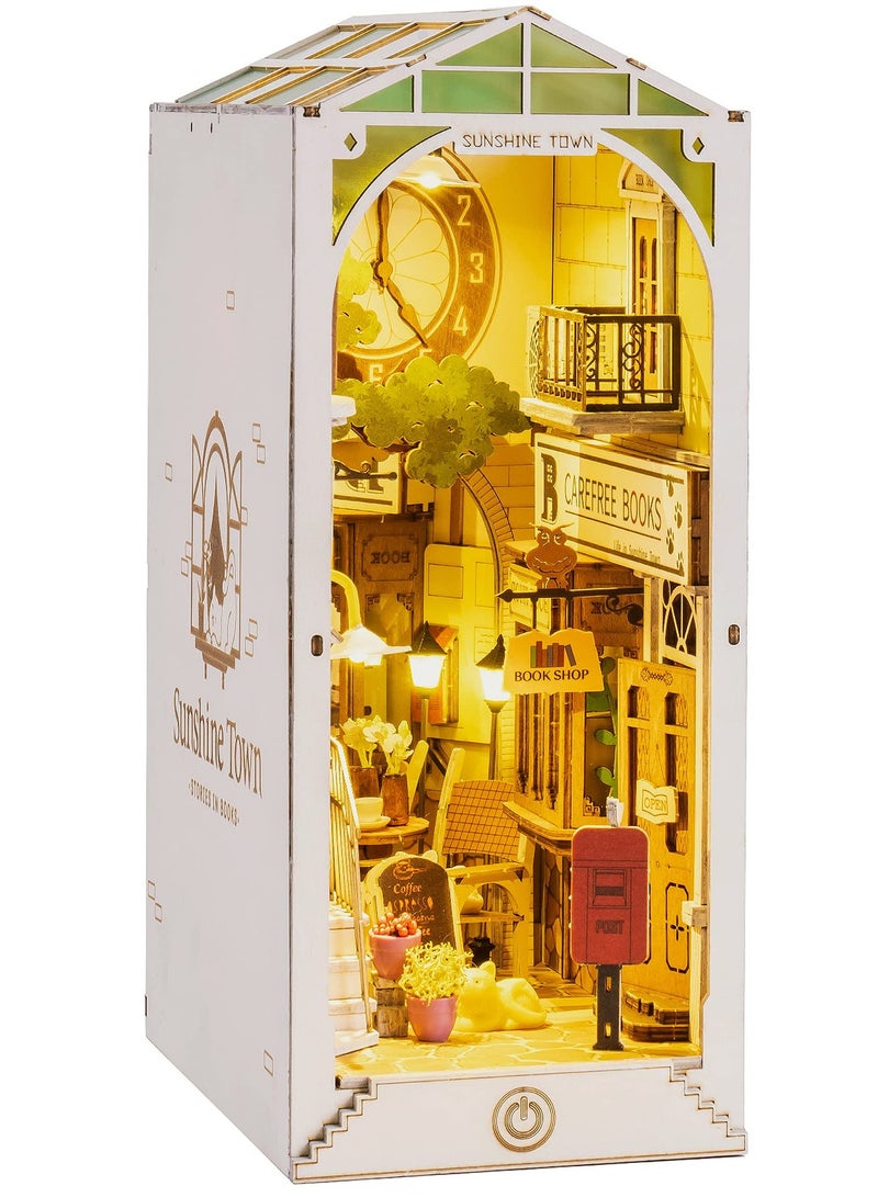 DIY Book Nook Kit, 3D Wooden Puzzle, DIY Dollhouse Bookend Diorama Kit, Dollhouse Bookshelf Insert Diorama Decor with LED, Crafts Hobbies Gifts for Adults/Teens (Sunshine Town)