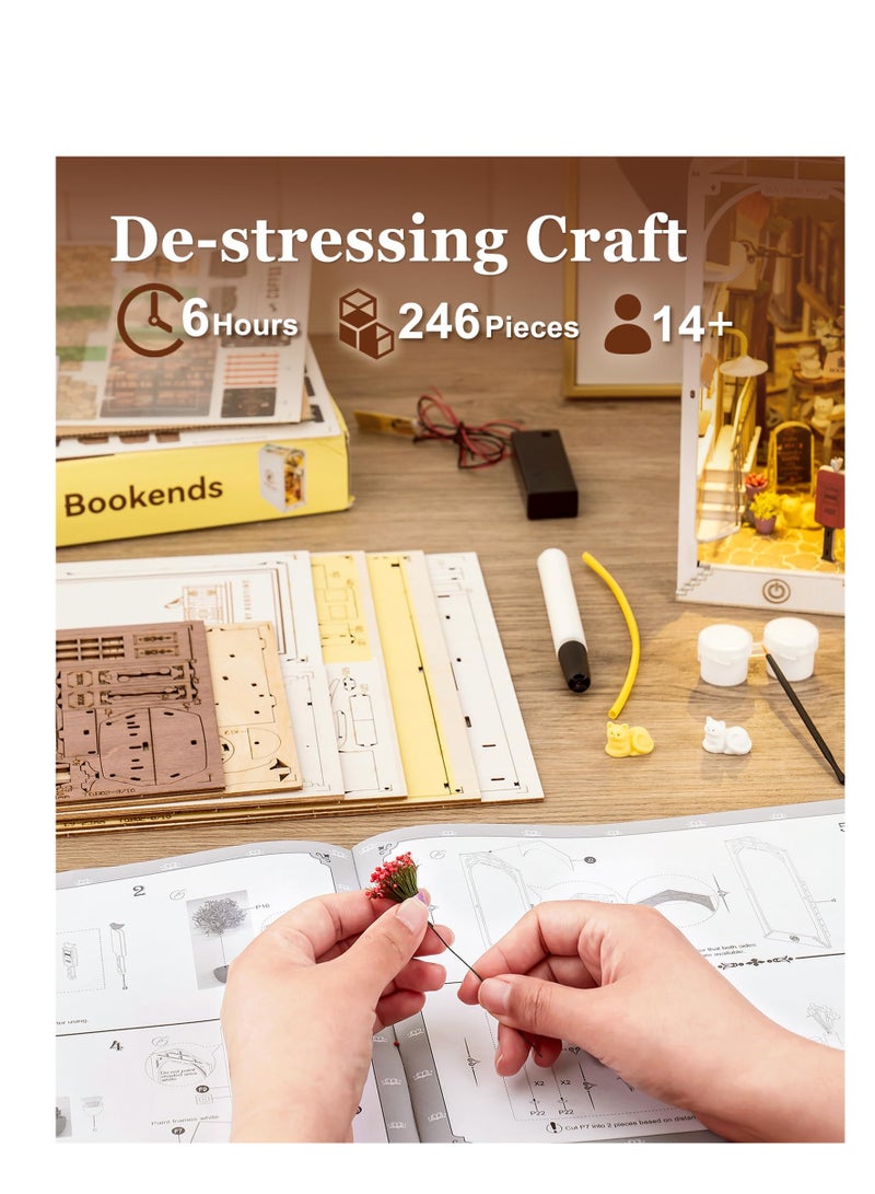 DIY Book Nook Kit, 3D Wooden Puzzle, DIY Dollhouse Bookend Diorama Kit, Dollhouse Bookshelf Insert Diorama Decor with LED, Crafts Hobbies Gifts for Adults/Teens (Sunshine Town)