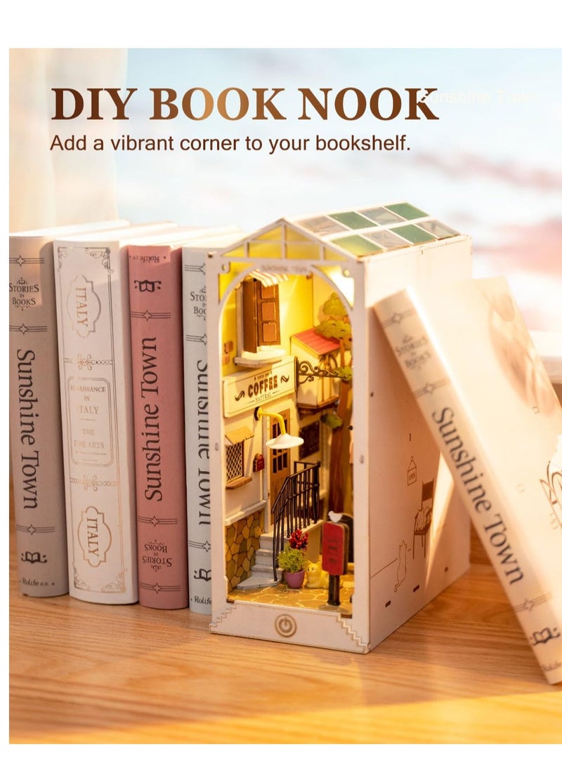 DIY Book Nook Kit, 3D Wooden Puzzle, DIY Dollhouse Bookend Diorama Kit, Dollhouse Bookshelf Insert Diorama Decor with LED, Crafts Hobbies Gifts for Adults/Teens (Sunshine Town)