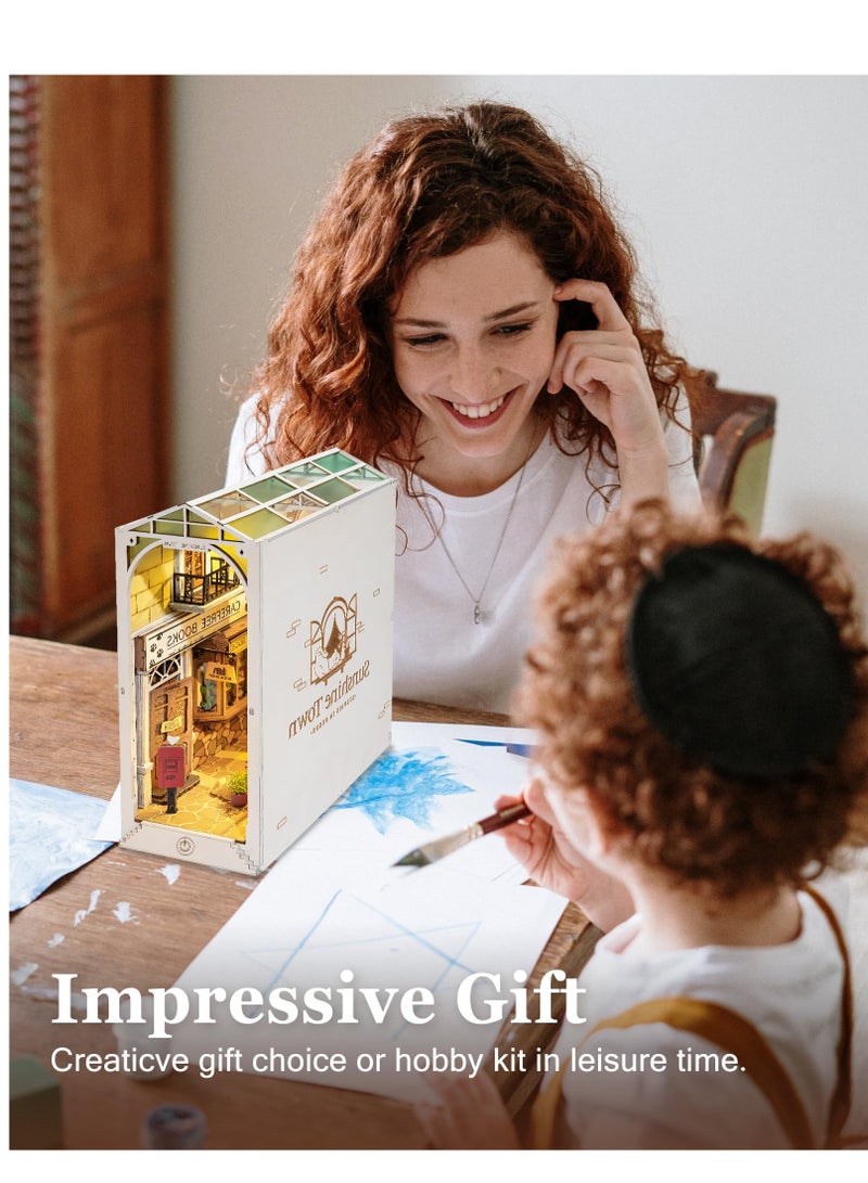 DIY Book Nook Kit, 3D Wooden Puzzle, DIY Dollhouse Bookend Diorama Kit, Dollhouse Bookshelf Insert Diorama Decor with LED, Crafts Hobbies Gifts for Adults/Teens (Sunshine Town)