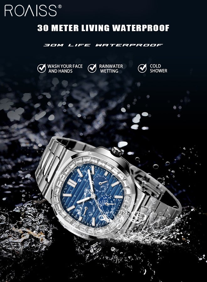 Men's Stainless Steel Strap Quartz Watch Analog Display Square Blue Dial with Diamond-Set Bezel Waterproof Luminous Nautilus Wristwatch as Gift for Men