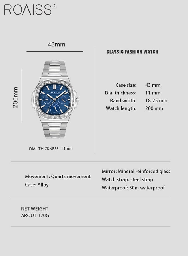 Men's Stainless Steel Strap Quartz Watch Analog Display Square Blue Dial with Diamond-Set Bezel Waterproof Luminous Nautilus Wristwatch as Gift for Men