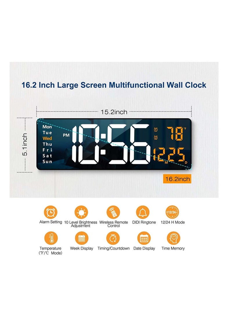 Digital Wall Clock Large Display,16 Inch Large Wall Clocks, LED Digital Clock with Remote Control for Living Room Decor, Automatic Brightness Dimmer Big Clock with Date Week Temperature