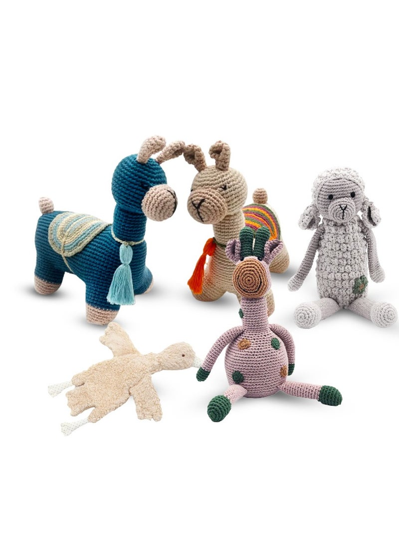 Pebble Handmade Crochet Premium Yarn Stuffed Soft Plush Toys Best Gift for Kids-Organic Abigail Goose Sherpa Toy, lamb, Llma and Giraffee soft washable 5 toys