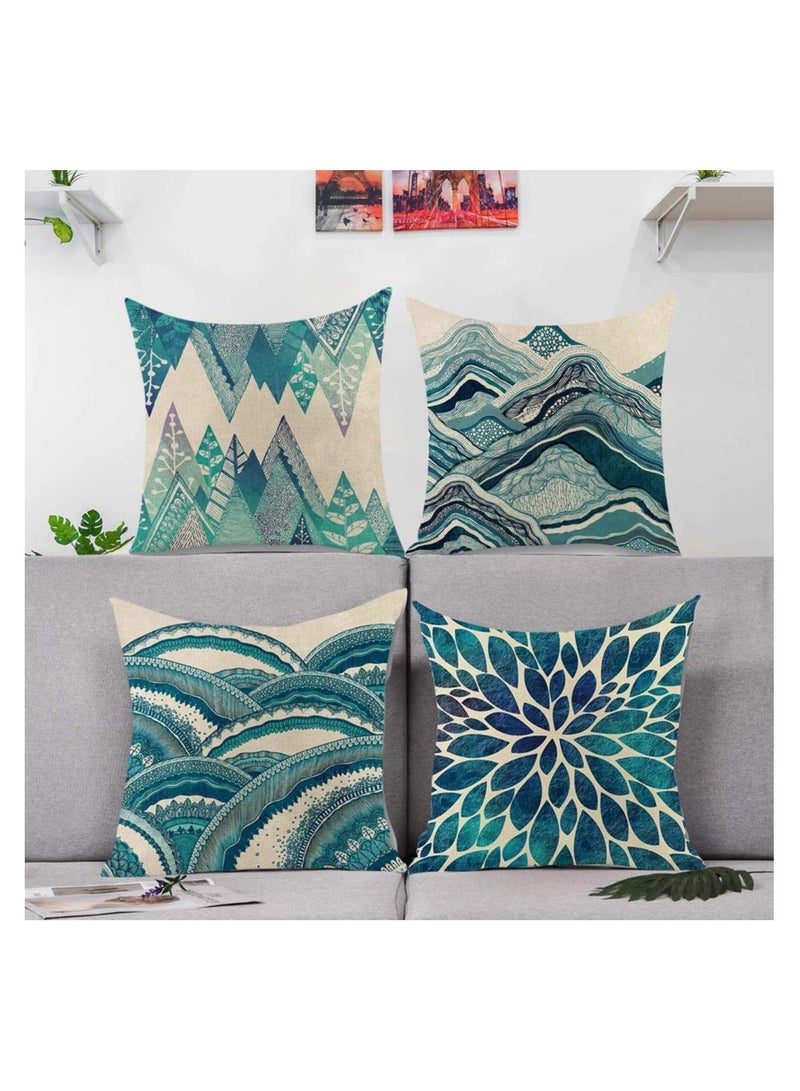 Set of 4 Teal Throw Pillow Covers Ocean Bohemia Decorative Couch Pillow Cases Sea Cotton Linen Case Tuquoise Coastal Cushion Cover Case for Sofa, Bed and Car (45 * 45 cm)
