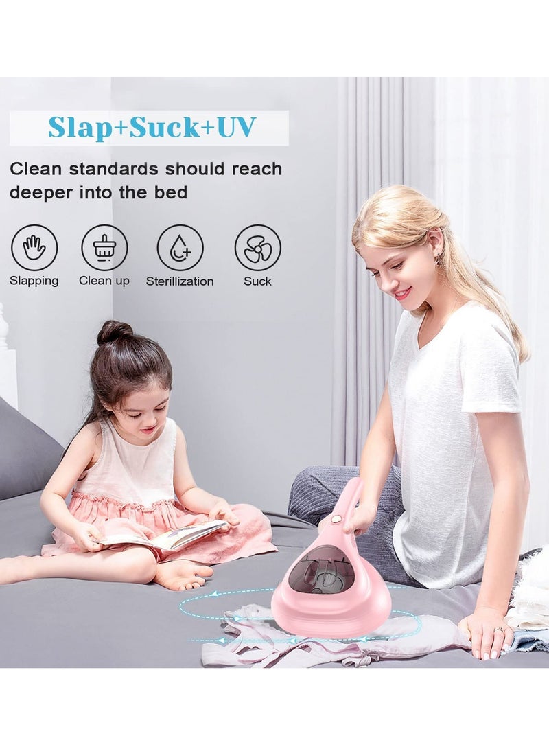 Bed Vacuum Cleaner with UV Disinfection Function, High Power Mite Removal Vacuum Cleaner, Portable Cordless UV Cleaning Equipment for Sheets, Carpets, Sofas, Pets, Hair (Pink)