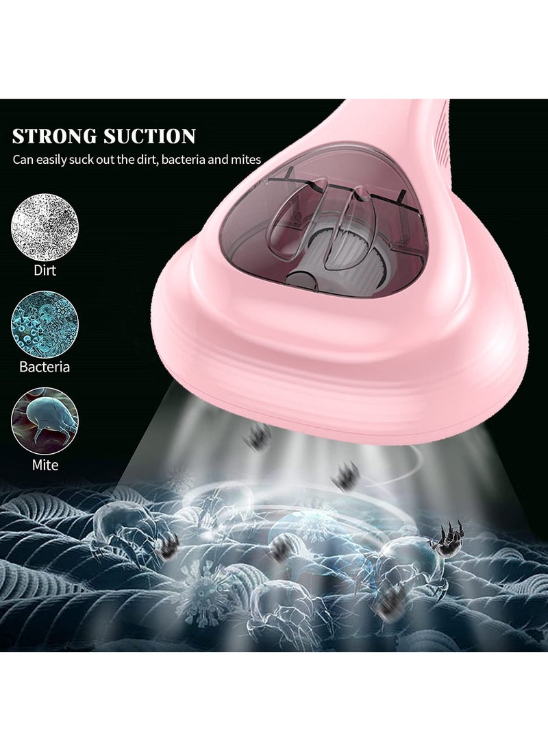 Bed Vacuum Cleaner with UV Disinfection Function, High Power Mite Removal Vacuum Cleaner, Portable Cordless UV Cleaning Equipment for Sheets, Carpets, Sofas, Pets, Hair (Pink)