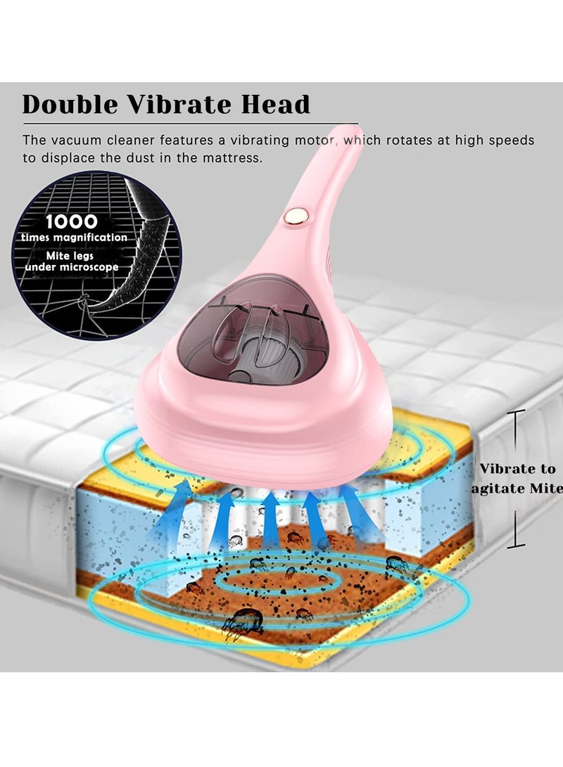 Bed Vacuum Cleaner with UV Disinfection Function, High Power Mite Removal Vacuum Cleaner, Portable Cordless UV Cleaning Equipment for Sheets, Carpets, Sofas, Pets, Hair (Pink)