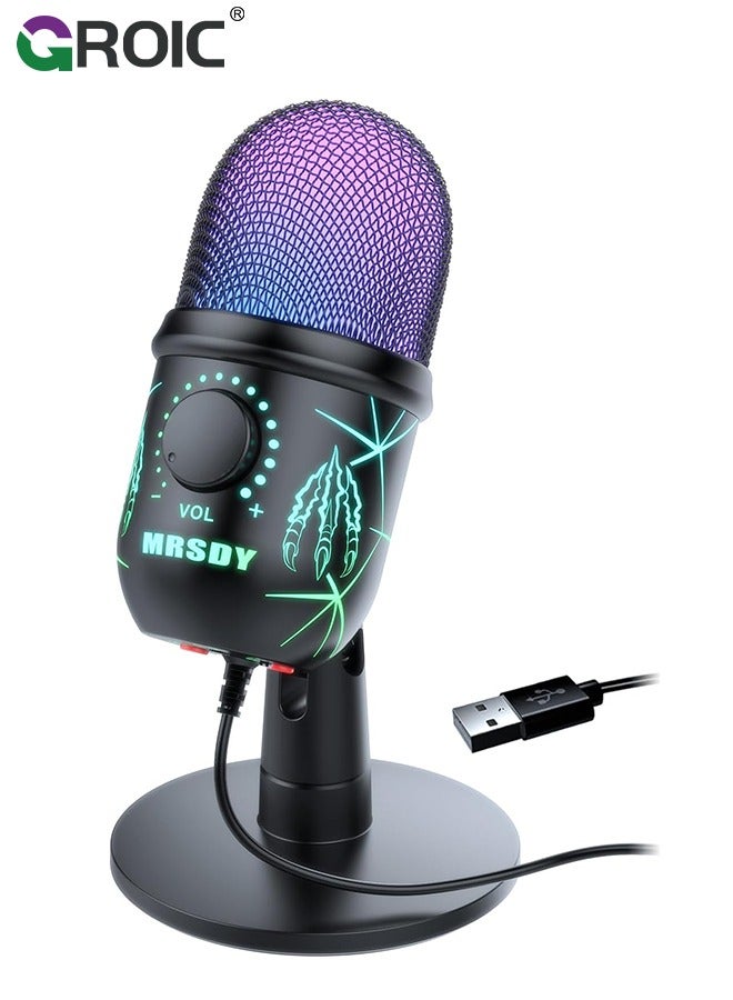 USB Microphone, Plug and Play Gaming Mic for PC, Mac, PS4/5, Podcast Microphone with RGB, Mute, Monitor, Noise Reduction, Volume Gain, Great for Recording, Streaming