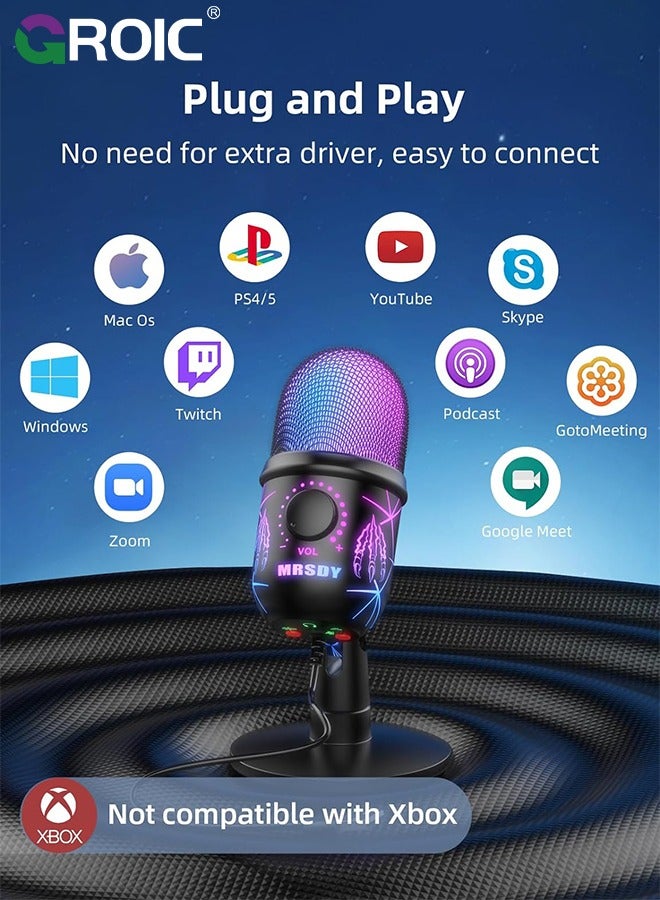 USB Microphone, Plug and Play Gaming Mic for PC, Mac, PS4/5, Podcast Microphone with RGB, Mute, Monitor, Noise Reduction, Volume Gain, Great for Recording, Streaming