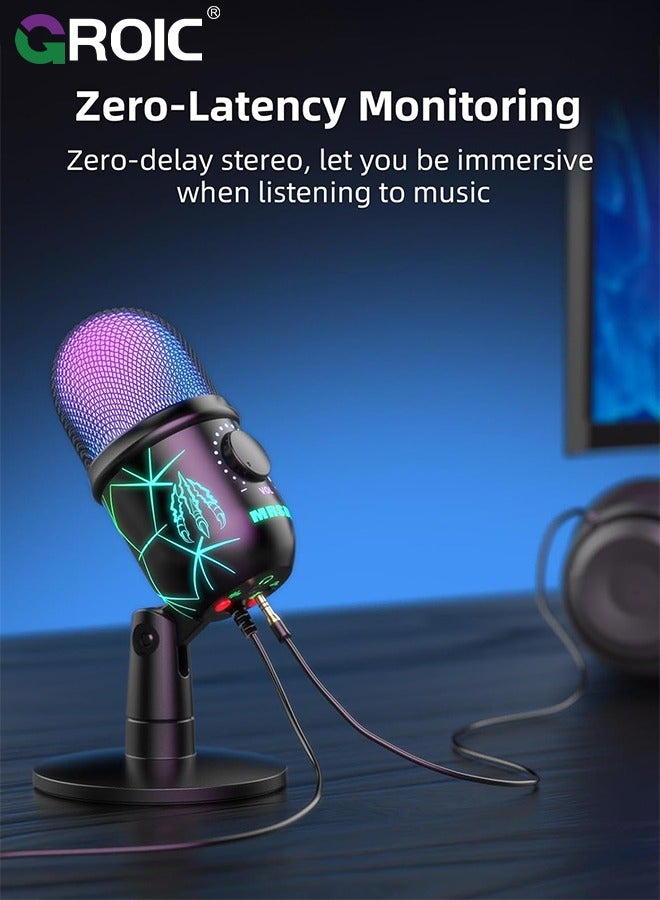 USB Microphone, Plug and Play Gaming Mic for PC, Mac, PS4/5, Podcast Microphone with RGB, Mute, Monitor, Noise Reduction, Volume Gain, Great for Recording, Streaming