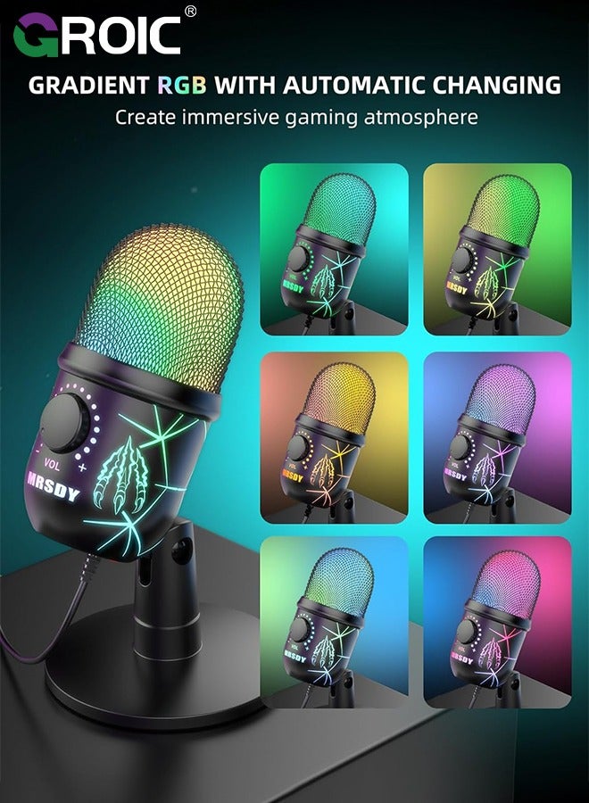 USB Microphone, Plug and Play Gaming Mic for PC, Mac, PS4/5, Podcast Microphone with RGB, Mute, Monitor, Noise Reduction, Volume Gain, Great for Recording, Streaming