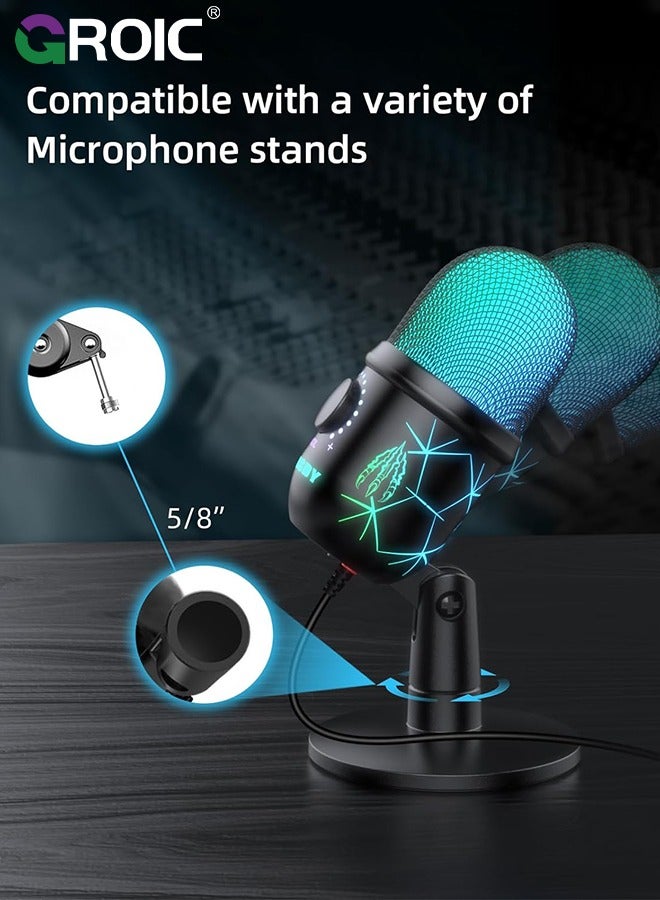 USB Microphone, Plug and Play Gaming Mic for PC, Mac, PS4/5, Podcast Microphone with RGB, Mute, Monitor, Noise Reduction, Volume Gain, Great for Recording, Streaming