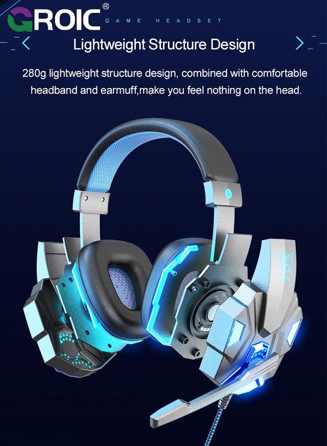 Wired Gaming Headset with Microphone for PS4 PC Xbox One PS5 Controller, LED Light, Bass Surround, for Laptop Computer, Switch, Mobile, Noise Cancelling Over Ear Headphones