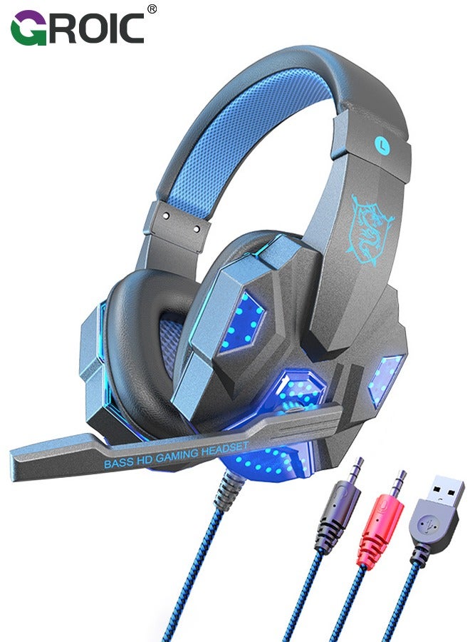 Wired Gaming Headset with Microphone for PS4 PC Xbox One PS5 Controller, LED Light, Bass Surround, for Laptop Computer, Switch, Mobile, Noise Cancelling Over Ear Headphones