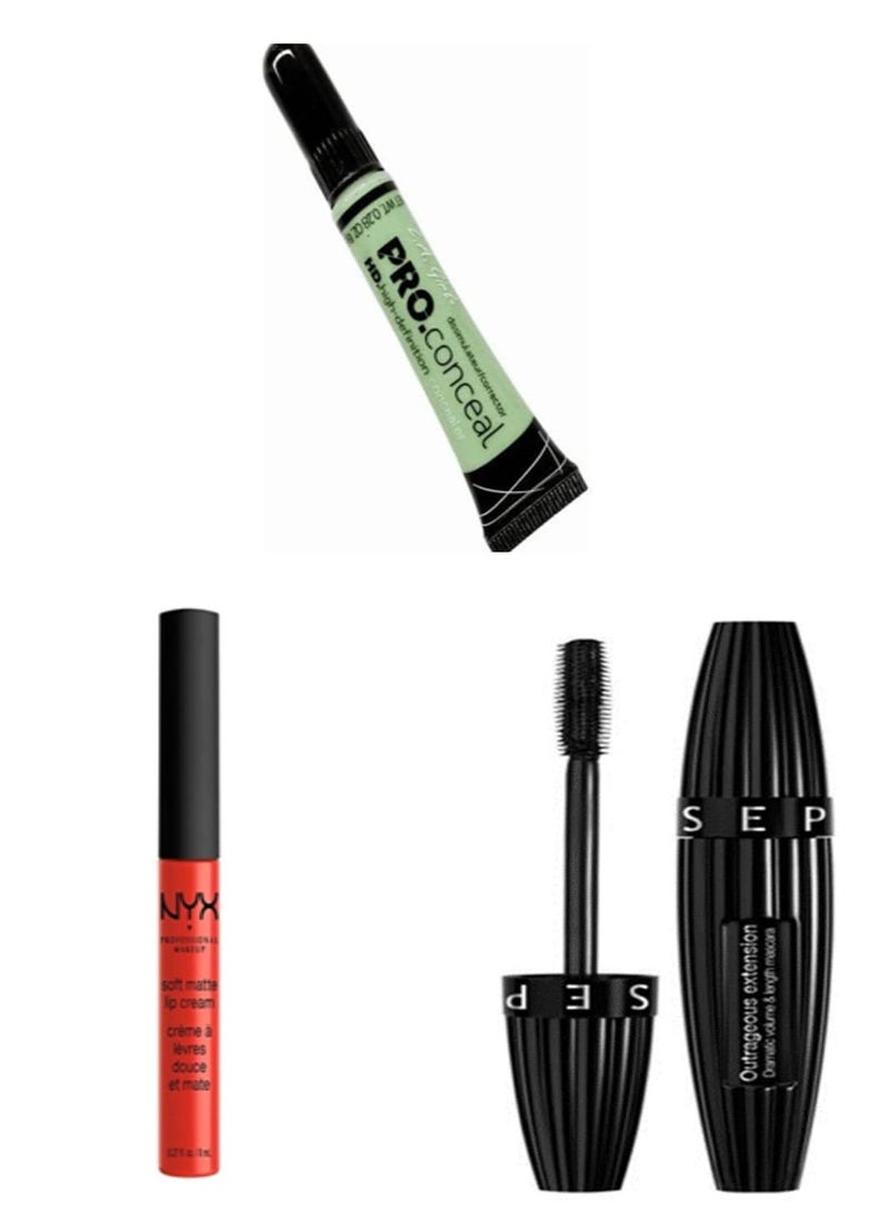 Sephora Outrageous Extension Mascara + NYX Soft Matte Lip Cream + Free Gift ( Pro Conceal HD Concealer ) Green
