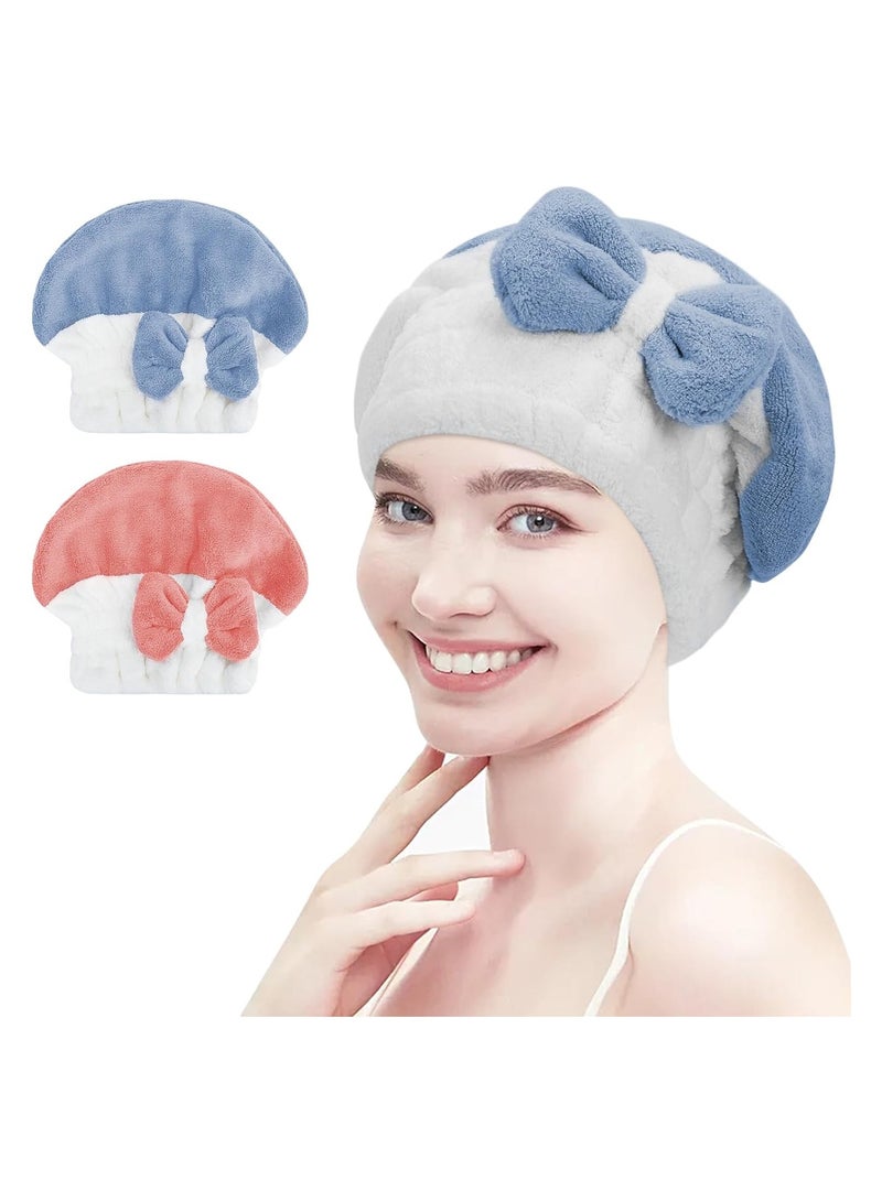 Hair Drying Towels, Hair Drying Cap, 2 Pack Quick Dry Microfiber Head Wrap with Bowknot Shower Cap for Girls and Women, Ultra Soft Super Absorbent Hair Drying Towel Turban