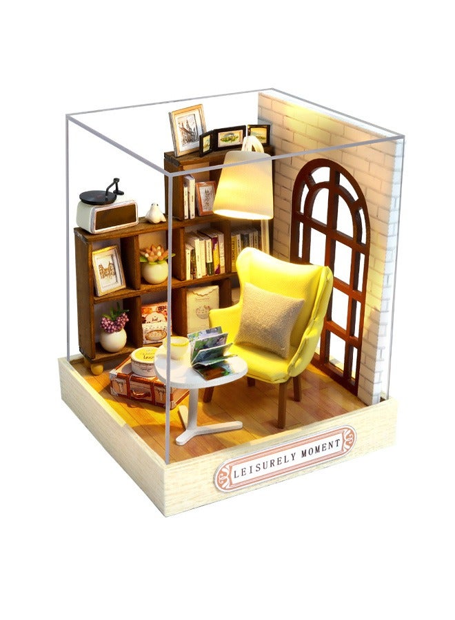Dollhouse Miniature with Furniture Kit, DIY 3D Wooden DIY House Kit with Dust Cover,Handmade Tiny House Toys for Teens Adults Gift (Leisurely Moment)