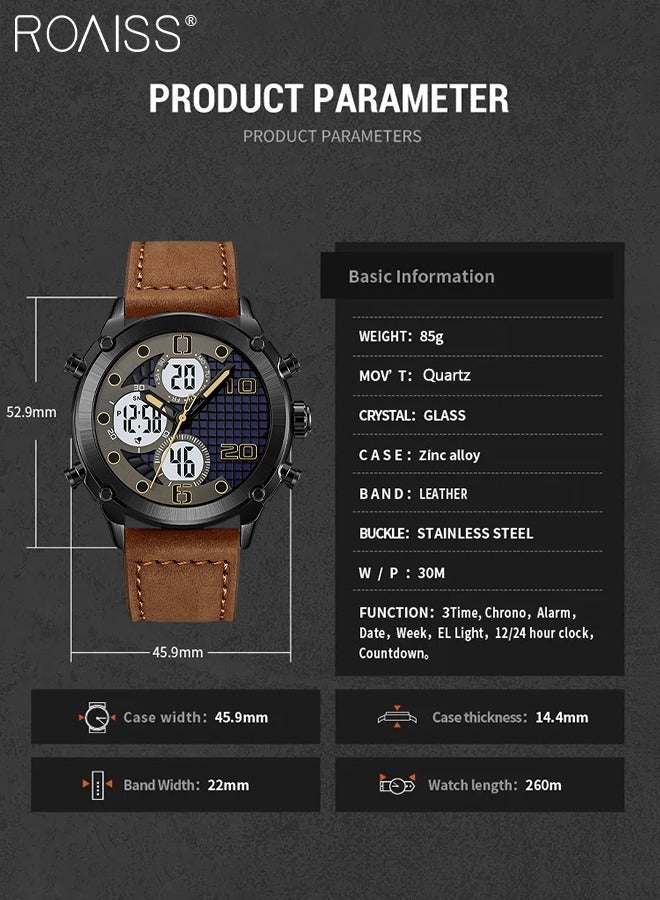 Men's Analog Digital Dual Display Sports Watch Multifunctional Waterproof Luminous Leather Strap Electronic Quartz Wristwatch with Alarm Stopwatch Backlight 12H/24H for Outdoor Activities