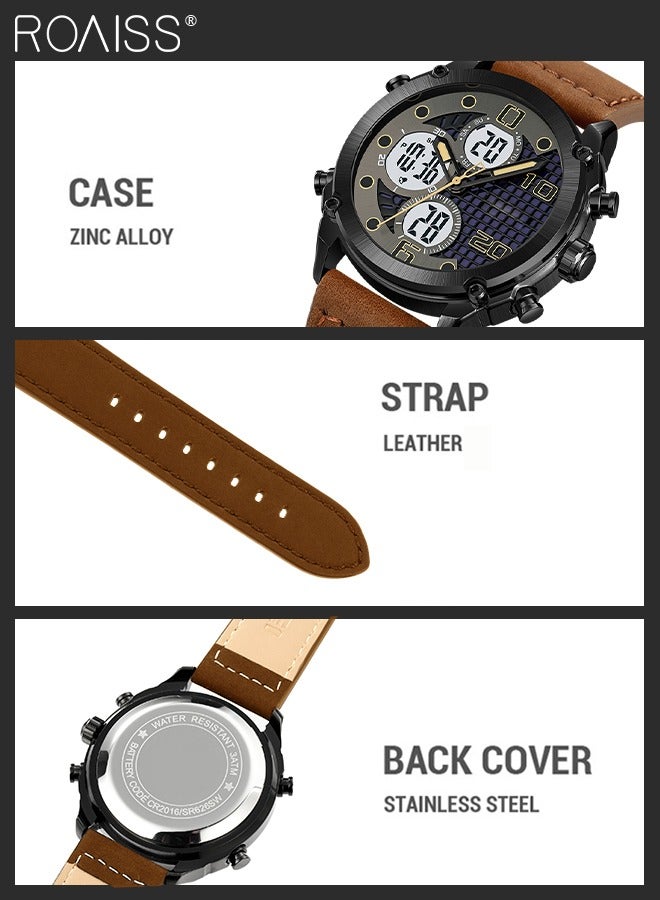 Men's Analog Digital Dual Display Sports Watch Multifunctional Waterproof Luminous Leather Strap Electronic Quartz Wristwatch with Alarm Stopwatch Backlight 12H/24H for Outdoor Activities