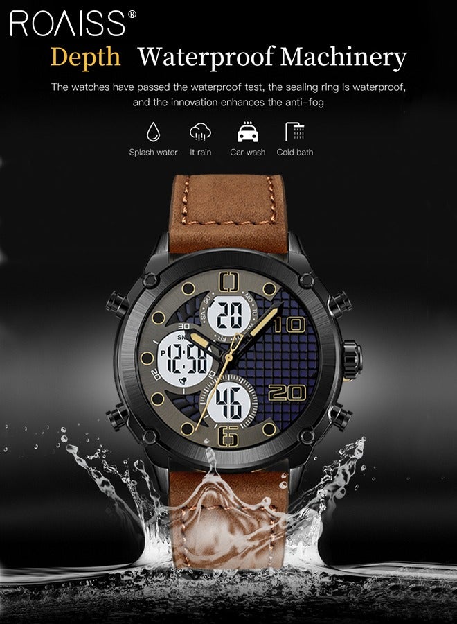 Men's Analog Digital Dual Display Sports Watch Multifunctional Waterproof Luminous Leather Strap Electronic Quartz Wristwatch with Alarm Stopwatch Backlight 12H/24H for Outdoor Activities