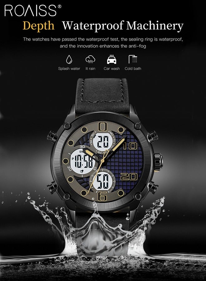 Men's Analog Digital Dual Display Sports Watch Multifunctional Waterproof Luminous Leather Strap Electronic Quartz Wristwatch with Alarm Stopwatch Backlight 12H/24H for Outdoor Activities