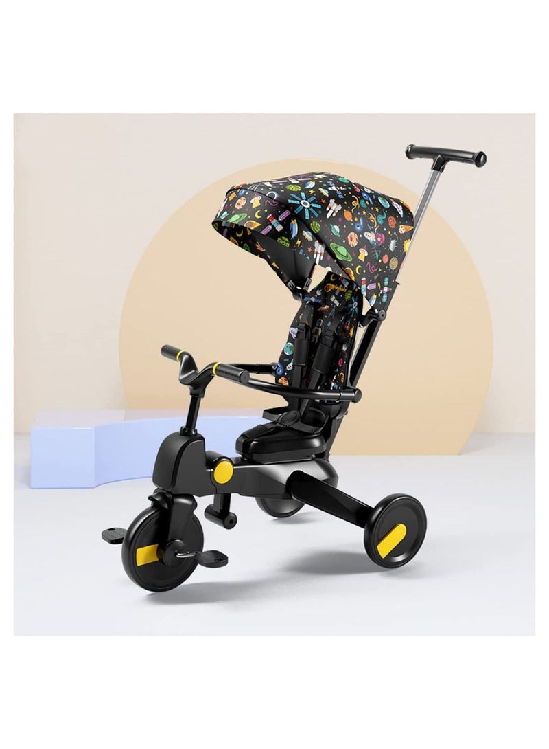 Baby Foldable Tricycle 7 in 1, Trike for Toddlers Age 1.5-5, Tricycle with Push Handle for Kids, Boy Girl Outdoor Toy Bike, All Terrain Rubber Wheel, Reversible Seat with Canopy (Space Black)