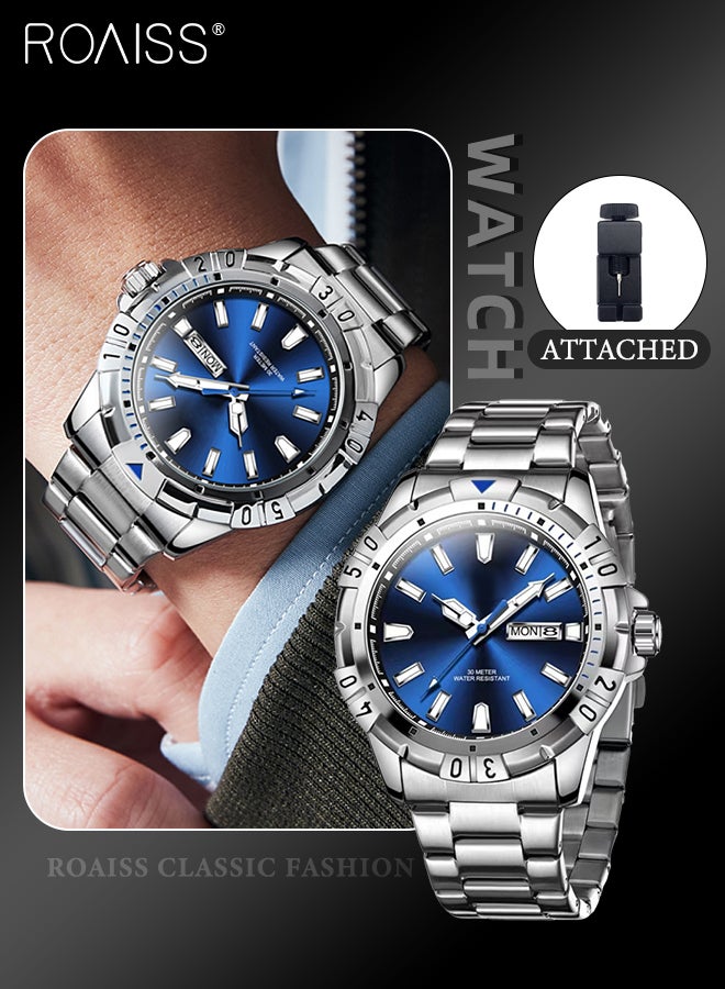 Men's Stainless Steel Strap Quartz Watch Analog Display Round Blue Dial with Chrono Bezel Waterproof Luminous Wristwatch as Gift for Men