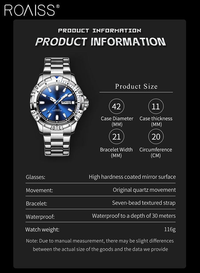 Men's Stainless Steel Strap Quartz Watch Analog Display Round Blue Dial with Chrono Bezel Waterproof Luminous Wristwatch as Gift for Men