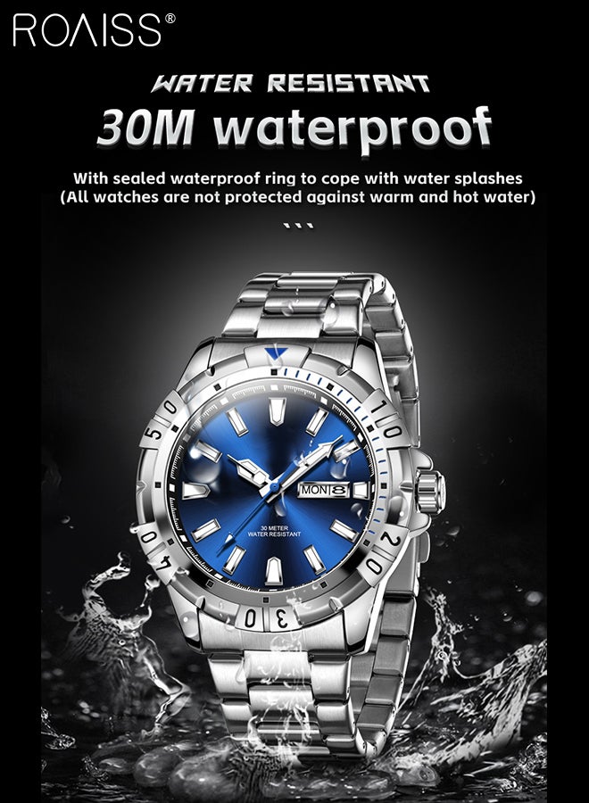 Men's Stainless Steel Strap Quartz Watch Analog Display Round Blue Dial with Chrono Bezel Waterproof Luminous Wristwatch as Gift for Men