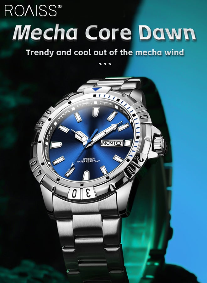 Men's Stainless Steel Strap Quartz Watch Analog Display Round Blue Dial with Chrono Bezel Waterproof Luminous Wristwatch as Gift for Men