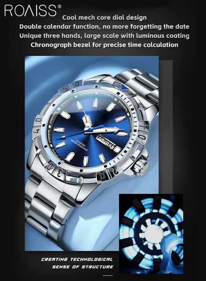 Men's Stainless Steel Strap Quartz Watch Analog Display Round Blue Dial with Chrono Bezel Waterproof Luminous Wristwatch as Gift for Men