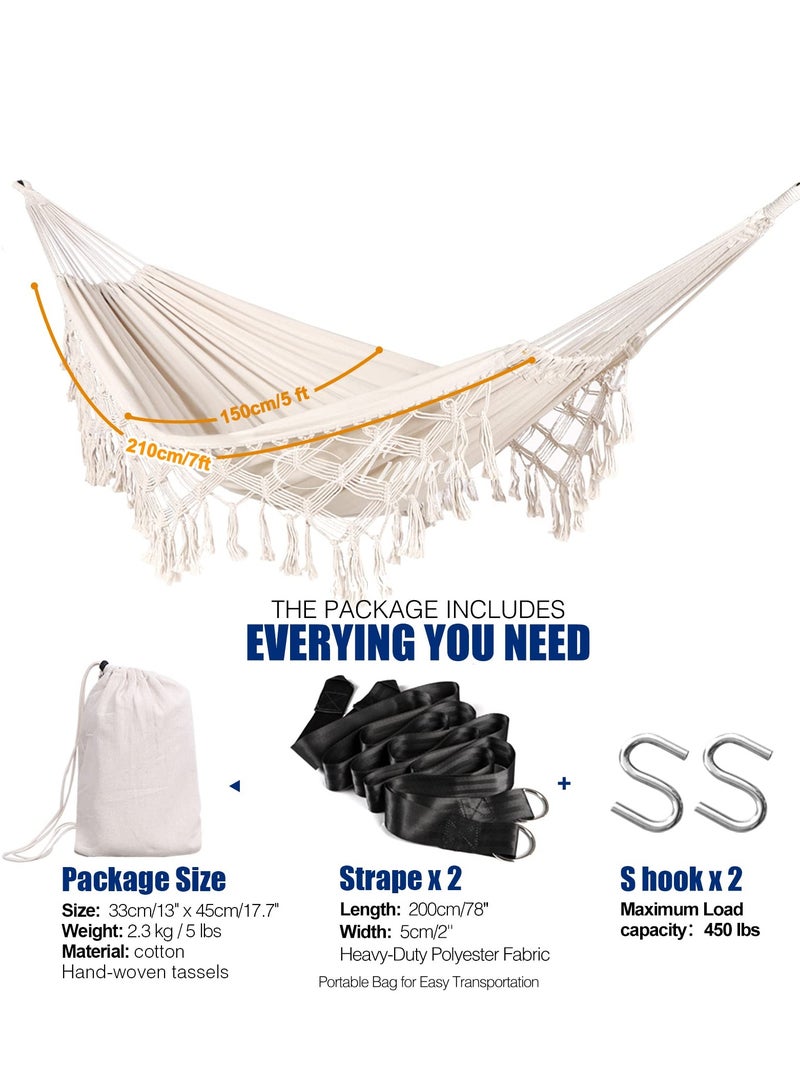 Camping Cotton Hammock, Garden Comfortable Fabric Elegant Deluxe Tassels Durable Swing Up to 450lbs, Perfect for Porch Patio Yard Indoor Outdoor Backyard Backpacking, Hiking