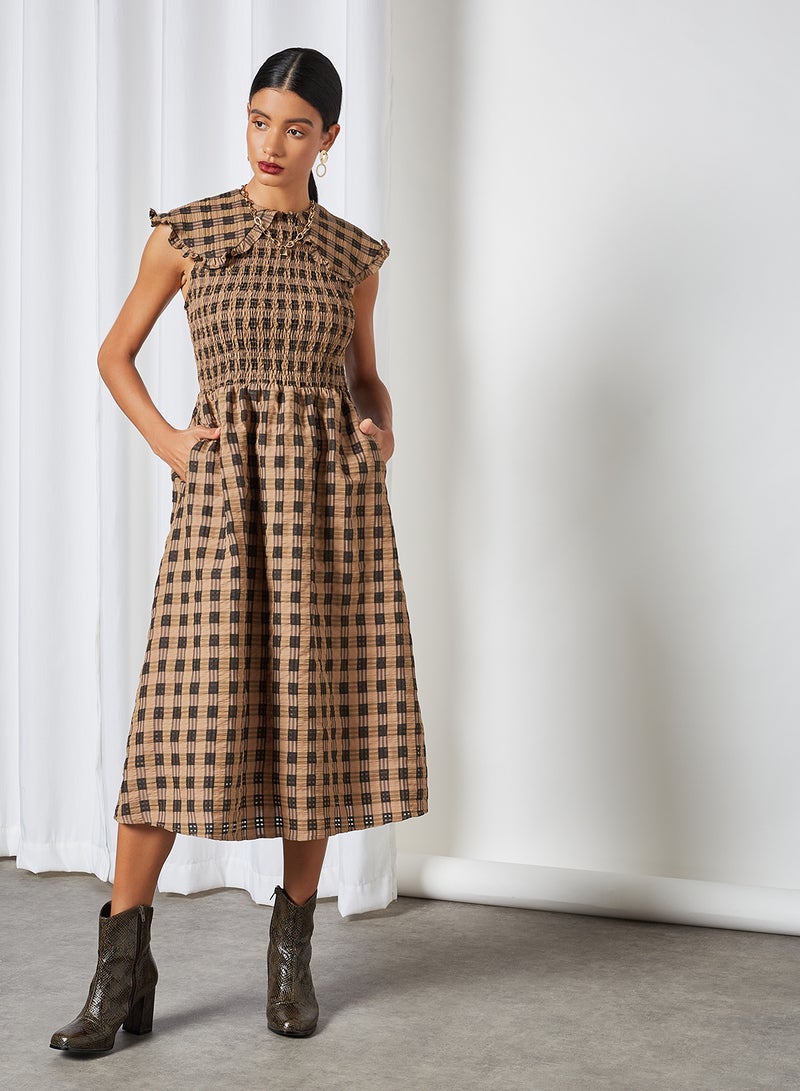Checkered Midi Dress Brown