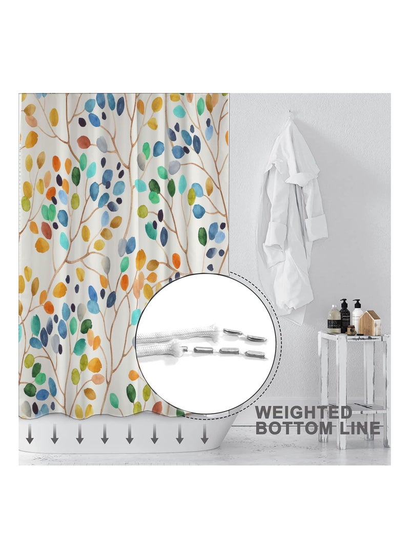 Excefore Colorful Leaves Spots on Branches Shower Curtain Sets, Abstract Ivory Color Background Bathroom Curtains, Modern Minimalist Bath Curtain, Waterproof Fabric with 12 Hooks 72x72 Inches