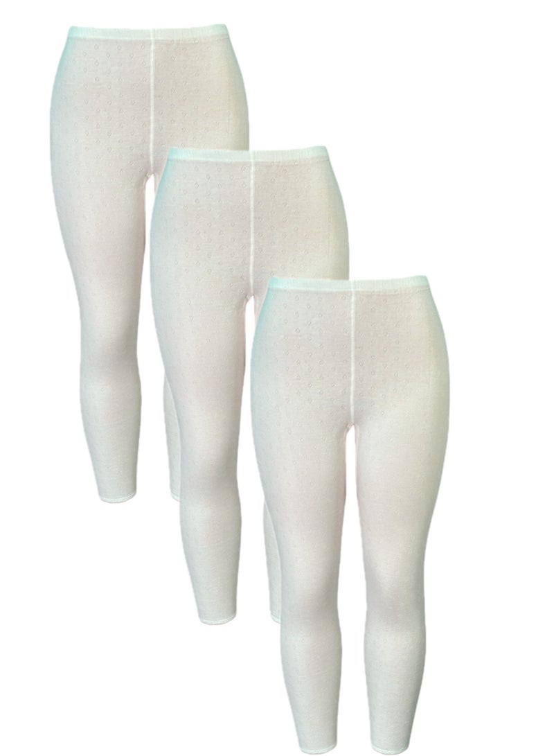 3- Pices Full Length Inner Leggings Perforated Cotton with Elasticized Waistband Women Off White