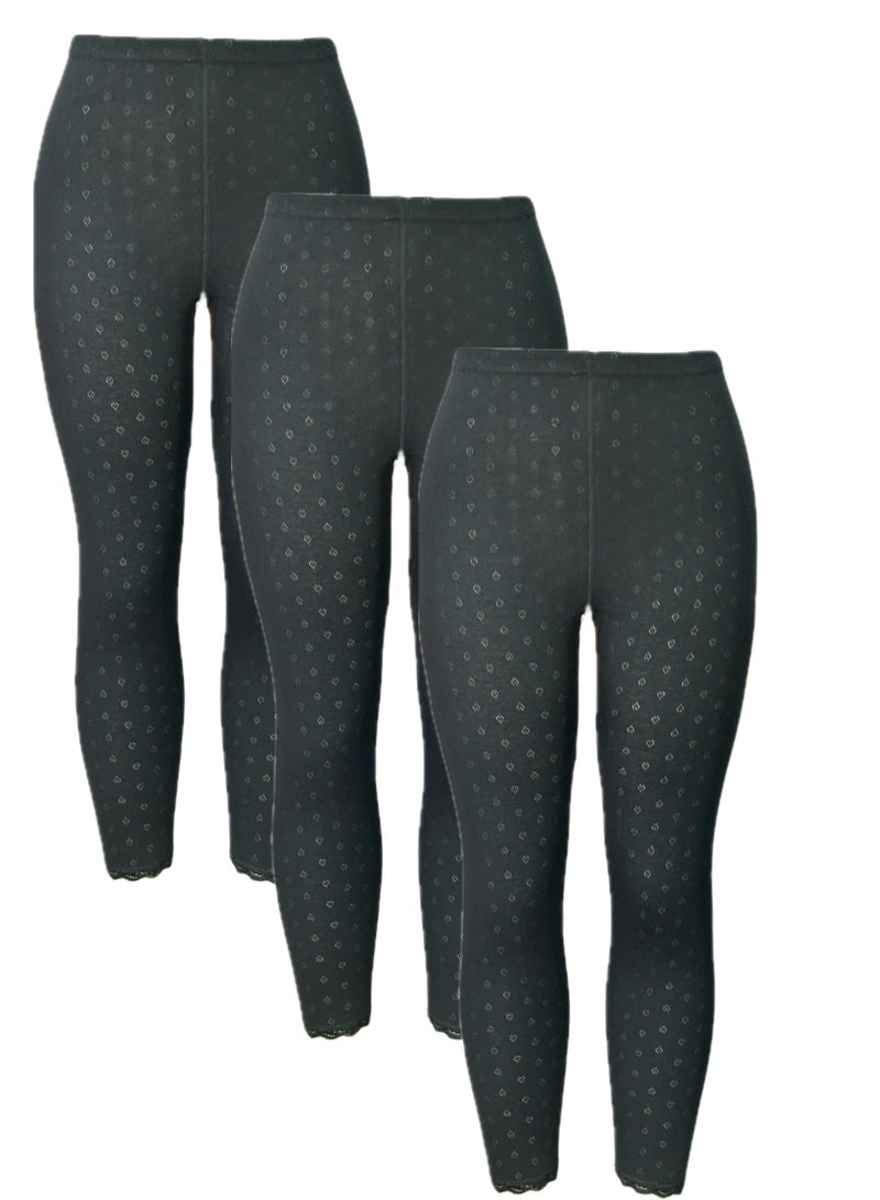 3- Pieces Full Length Inner Leggings Perforated Cotton with Elasticized Waistband Women Black