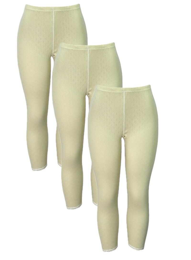 3- Pieces Full Length Inner Leggings Perforated Cotton with Elasticized Waistband Women Beige