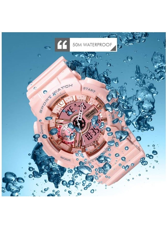 SKMEI Watches for Women- Water and Shock Resistant- 3D Dial Double Movement LED Screen Large Face Stopwatch Alarm Wrist Watch