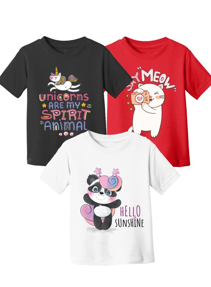 Kids Multi Color Combo Printed Design T-shirt For Girls - Fashionable Short Sleeve T-Shirt - Casual Daily Shirt For Kids - Assorted Colors