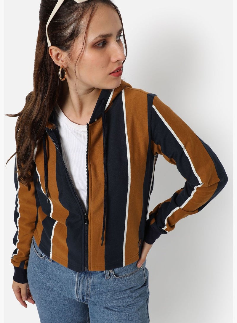 Women's Striped Regular Fit Zipper Sweatshirt With Hoodie For Winter