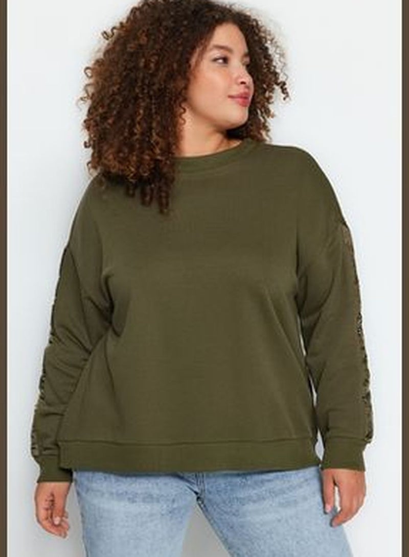 Khaki Thick Knitted Sweatshirt with Quilted Detailed TBBAW24AO00007