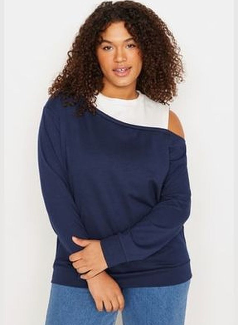 Navy Blue Crew Neck Shoulder Detailed Knitted Thin Sweatshirt.