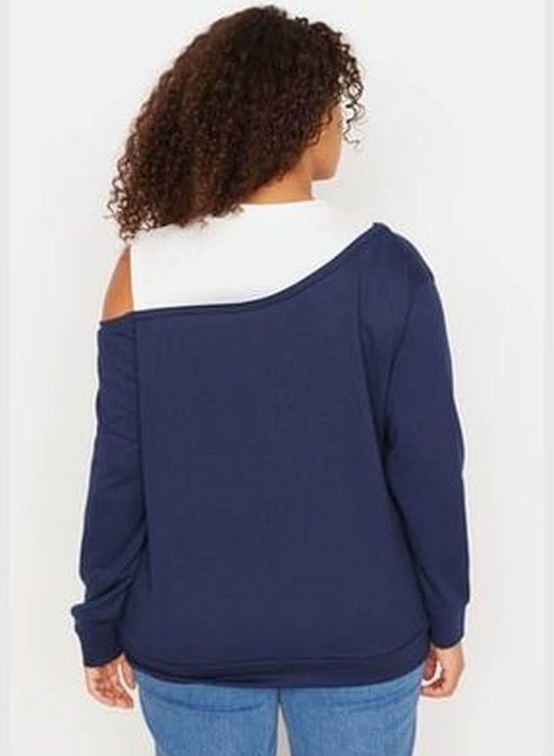 Navy Blue Crew Neck Shoulder Detailed Knitted Thin Sweatshirt.