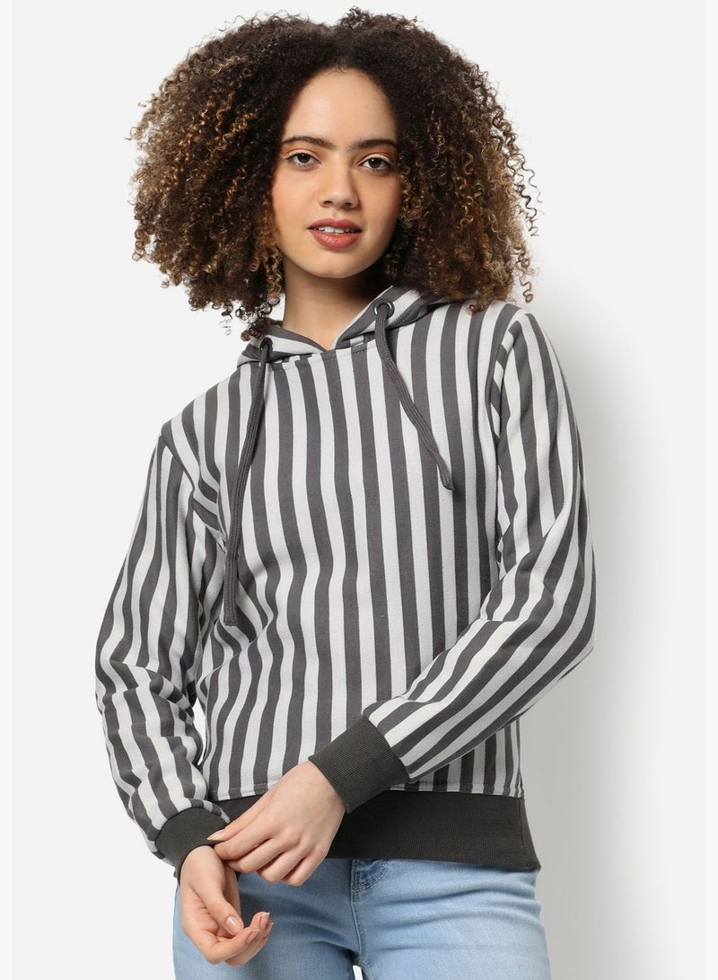 Women's Striped Regular Fit Sweatshirt With Hoodie For Winter Wear