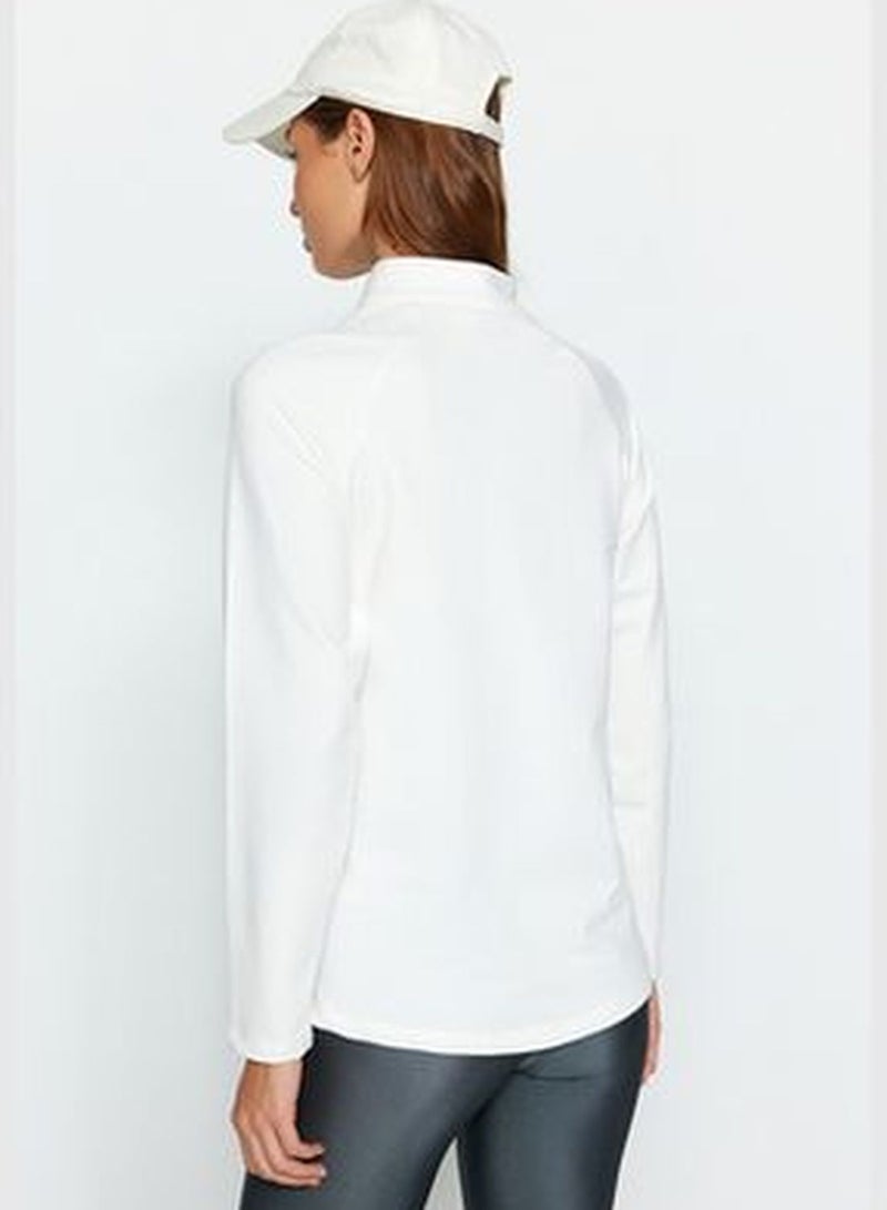 Creamy White Zipper Detail Stand Up Collar Sportswear Sweatshirt TWOAW22SW0187