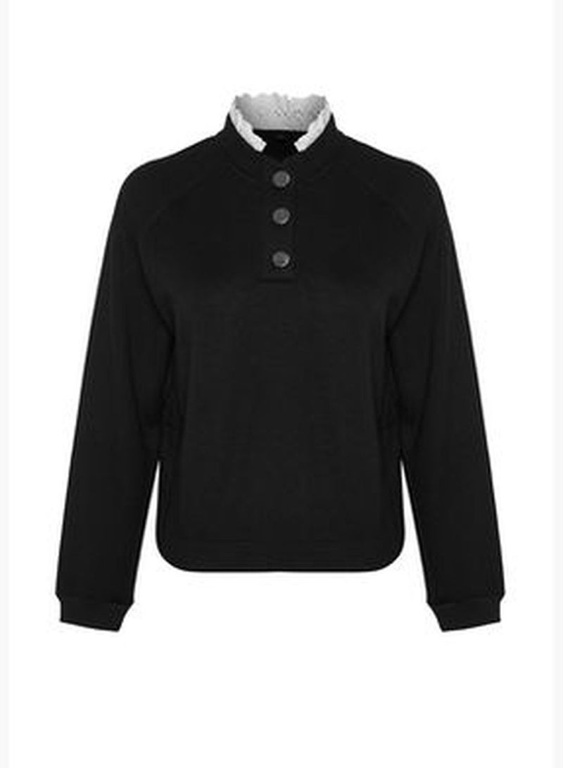 Black Thick Fleece Inside Collar Detailed and Buttoned Regular/Regular Knitted Sweatshirt