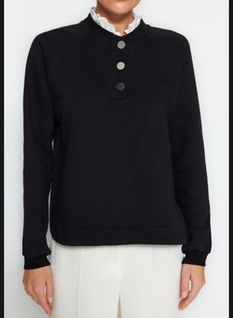 Black Thick Fleece Inside Collar Detailed and Buttoned Regular/Regular Knitted Sweatshirt